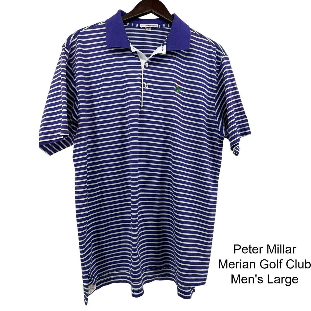 Peter Millar Merion Golf Club Polo Shirt Mens Large Purple White Striped Cotton